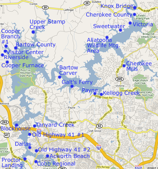 Lake Allatoona Fishing Map Parks And Day Use Areas At Lake Allatoona